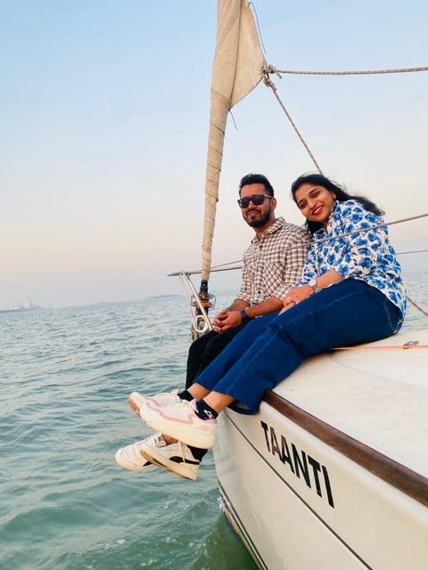 Couple on deck at dusk